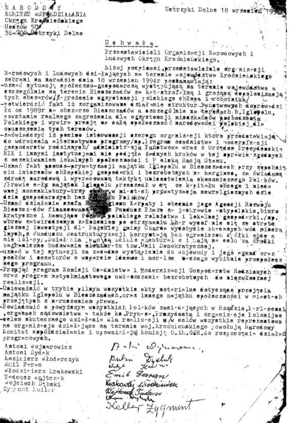 Uchwała przedstawicieli
organizacji narodowych i ludowych Okręgu
Krośnieńskiego